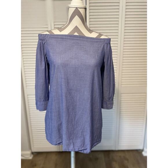 THEORY Off-the-Shoulder Blouse Puff Sleeve Tunic Chambray Blue Small - Picture 1 of 6